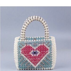 Glamorous Mini White Pearl Beaded Pink Heart & Blue Evil Eye Handbag OS New